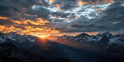 ai generato svizzero Alpi nevoso montagna gamma con valli e prati, Svizzera paesaggio. d'oro ora tramonto, sereno idilliaco panorama, maestoso natura, rilassamento, quiete concetto foto