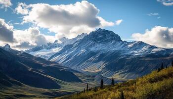 ai generato nevoso montagne di alaska, paesaggio con foreste, valli, e fiumi nel giorno. mozzafiato natura composizione sfondo sfondo, viaggio destinazione, avventura all'aperto foto