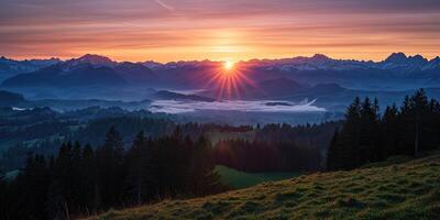 ai generato svizzero Alpi nevoso montagna gamma con valli e prati, campagna nel Svizzera paesaggio. d'oro ora maestoso ardente tramonto cielo, viaggio destinazione sfondo sfondo foto