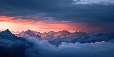 ai generato svizzero Alpi nevoso montagna gamma con valli e prati, campagna nel Svizzera paesaggio. d'oro ora maestoso ardente tramonto cielo, viaggio destinazione sfondo sfondo foto