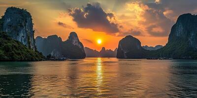 ai generato ah lungo baia, halong baia mondo eredità luogo, calcare isole, Smeraldo acque con Barche nel Provincia, Vietnam. tramonto, viaggio destinazione, naturale Meraviglia paesaggio sfondo sfondo foto