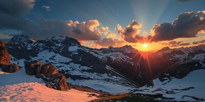 ai generato svizzero Alpi nevoso montagna gamma con valli e prati, Svizzera paesaggio. d'oro ora tramonto, sereno idilliaco panorama, maestoso natura, rilassamento, quiete concetto foto