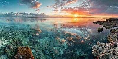 ai generato grande barriera scogliera su il costa di Queensland, Australia paesaggio marino. corallo mare marino ecosistema sfondo sfondo a tramonto, con un arancia viola cielo nel il sera d'oro ora foto