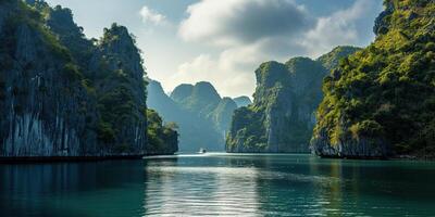 ai generato ah lungo baia, halong baia mondo eredità luogo, calcare isole, Smeraldo acque con Barche nel Provincia, Vietnam. viaggio destinazione, naturale Meraviglia paesaggio sfondo sfondo foto