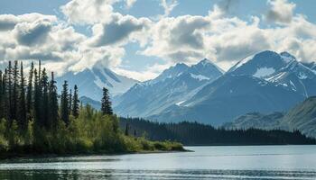 ai generato nevoso montagne di alaska, paesaggio con foreste, valli, e fiumi nel giorno. sereno natura selvaggia natura composizione sfondo sfondo, viaggio destinazione, avventura all'aperto foto