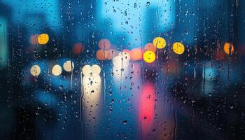 ai generato piovoso finestra con sfocato città luci nel il sfondo. bokeh su di messa a fuoco sfocatura, cupo tempo atmosferico, malinconico umore, tristezza, desiderio, depressione concetto fondale foto