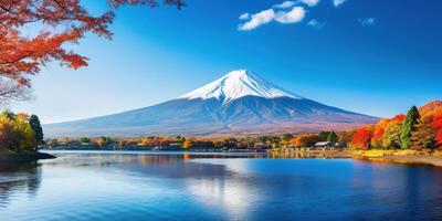 ai generato mt. fuji, montare fuji san il più alto vulcano montagna nel tokyo, Giappone. neve capped picco, conico sacro simbolo, primavera stagione, sakura rosa alberi, natura paesaggio fondale sfondo foto