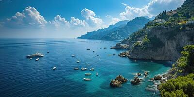 ai generato amalfi costa costa nel sorrentina penisola, campania regione, Italia. vacanza destinazione litorale con colline, spiagge, e scogliere, mare Visualizza, blu cielo giorno sfondo sfondo foto