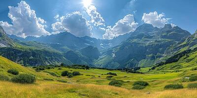 ai generato svizzero Alpi montagna gamma con lussureggiante foresta valli e prati, campagna nel Svizzera paesaggio. nevoso montagna cime nel il orizzonte, viaggio destinazione sfondo sfondo foto