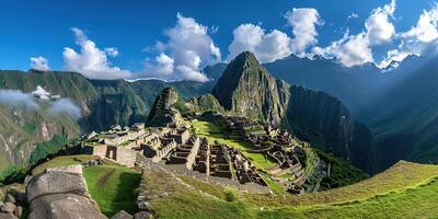 ai generato storico santuario di machu picchu su un' montagna cresta, orientale cordigliera di meridionale Perù. Inca cittadella nel il ande montagne, antico civiltà, natura panorama paesaggio foto