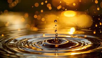 ai generato avvicinamento di un' acqua far cadere spruzzo nel nel un' stagno durante d'oro ora tramonto. macro sparo, arancia e giallo toni, rinfrescante bellissimo natura, superficie tensione, increspature foto