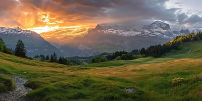 ai generato svizzero Alpi nevoso montagna gamma con valli e prati, campagna nel Svizzera paesaggio. d'oro ora maestoso ardente tramonto cielo, viaggio destinazione sfondo sfondo foto