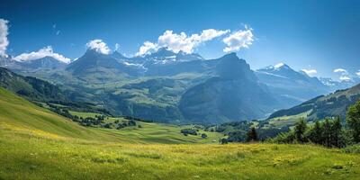 ai generato svizzero Alpi montagna gamma con lussureggiante foresta valli e prati, campagna nel Svizzera paesaggio. sereno idilliaco panorama, maestoso natura, rilassamento, quiete concetto foto