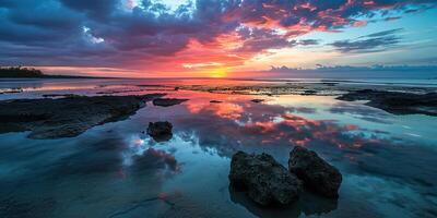 ai generato grande barriera scogliera su il costa di Queensland, Australia roccioso spiaggia paesaggio marino. rocce e ciottoli, viola e arancia d'oro ora tramonto sera cielo orizzonte mare sfondo sfondo foto