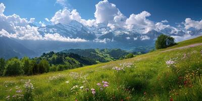 ai generato svizzero Alpi montagna gamma con lussureggiante foresta valli e prati, campagna nel Svizzera paesaggio. nevoso montagna cime nel il orizzonte, viaggio destinazione sfondo sfondo foto