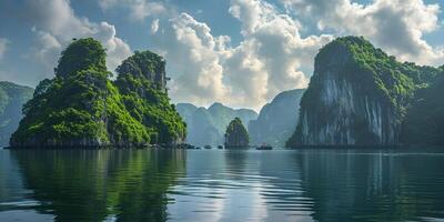 ai generato ah lungo baia, halong baia mondo eredità luogo, calcare isole, Smeraldo acque con Barche nel Provincia, Vietnam. viaggio destinazione, naturale Meraviglia paesaggio sfondo sfondo foto