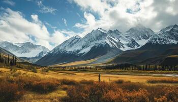 ai generato nevoso montagne di alaska, paesaggio con foreste, valli, e fiumi nel giorno. mozzafiato natura composizione sfondo sfondo, viaggio destinazione, avventura all'aperto foto