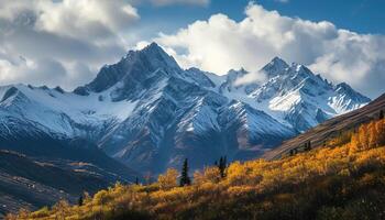 ai generato nevoso montagne di alaska, paesaggio con foreste, valli, e fiumi nel giorno. sereno natura selvaggia natura composizione sfondo sfondo, viaggio destinazione, avventura all'aperto foto