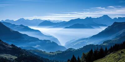 ai generato svizzero Alpi montagna gamma con lussureggiante foresta valli e prati, campagna nel Svizzera paesaggio. sereno idilliaco panorama, maestoso natura, rilassamento, quiete concetto foto