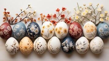 ai generato decorato Pasqua uova con fiore rami foto