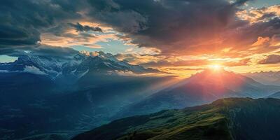 ai generato svizzero Alpi nevoso montagna gamma con valli e prati, campagna nel Svizzera paesaggio. d'oro ora maestoso ardente tramonto cielo, viaggio destinazione sfondo sfondo foto