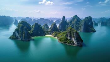 ai generato ah lungo baia, halong baia mondo eredità luogo, calcare isole, Smeraldo acque con Barche nel Provincia, Vietnam. viaggio destinazione, naturale Meraviglia paesaggio sfondo sfondo foto