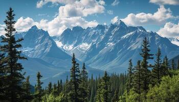 ai generato nevoso montagne di alaska, paesaggio con foreste, valli, e fiumi nel giorno. sereno natura selvaggia natura composizione sfondo sfondo, viaggio destinazione, avventura all'aperto foto