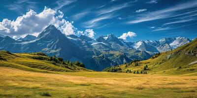 ai generato svizzero Alpi montagna gamma con lussureggiante foresta valli e prati, campagna nel Svizzera paesaggio. nevoso montagna cime nel il orizzonte, viaggio destinazione sfondo sfondo foto