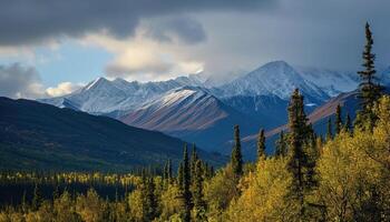 ai generato nevoso montagne di alaska, paesaggio con foreste, valli, e fiumi nel giorno. mozzafiato natura composizione sfondo sfondo, viaggio destinazione, avventura all'aperto foto