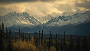 ai generato nevoso montagne di alaska, paesaggio con foreste, valli, e fiumi nel giorno. mozzafiato natura composizione sfondo sfondo, viaggio destinazione, avventura all'aperto foto