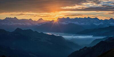 ai generato svizzero Alpi nevoso montagna gamma con valli e prati, Svizzera paesaggio. d'oro ora tramonto, sereno idilliaco panorama, maestoso natura, rilassamento, quiete concetto foto