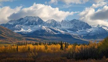 ai generato nevoso montagne di alaska, paesaggio con foreste, valli, e fiumi nel giorno. mozzafiato natura composizione sfondo sfondo, viaggio destinazione, avventura all'aperto foto