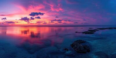 ai generato calma mare tramonto paesaggio. viola, rosa, arancia ardente d'oro ora sera cielo nel il orizzonte. consapevolezza, meditazione, calma, serenità, rilassamento concetto sfondo sfondo foto