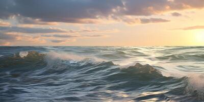 ai generato baltico mare onde con schiuma Crashing su il spiaggia a tramonto. viola, arancia, giallo e blu sfumature, i raggi del sole, romantico sera, paesaggio marino paesaggio sfondo sfondo foto