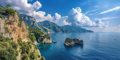 ai generato amalfi costa costa nel sorrentina penisola, campania regione, Italia. vacanza destinazione litorale con colline, spiagge, e scogliere, mare Visualizza, blu cielo giorno sfondo sfondo foto