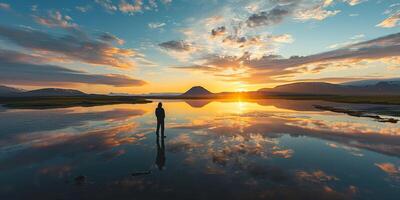 ai generato un' silhouette di un' uomo guardare a un' tramonto paesaggio. d'oro ora sera cielo nel il orizzonte. determinazione, consapevolezza, meditazione, quiete concetto sfondo sfondo foto