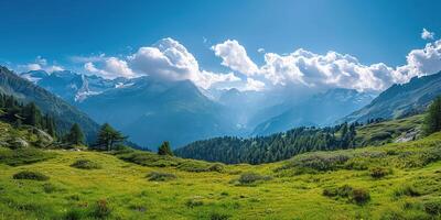 ai generato svizzero Alpi montagna gamma con lussureggiante foresta valli e prati, campagna nel Svizzera paesaggio. sereno idilliaco panorama, maestoso natura, rilassamento, quiete concetto foto