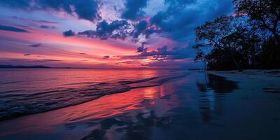 ai generato un' tramonto su il spiaggia isola paesaggio. viola, rosa, e arancia ardente d'oro ora sera cielo nel il orizzonte. oceano, calma acque sfondo sfondo foto