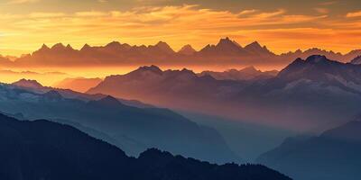 ai generato svizzero Alpi nevoso montagna gamma con valli e prati, campagna nel Svizzera paesaggio. d'oro ora maestoso ardente tramonto cielo, viaggio destinazione sfondo sfondo foto