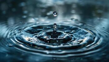 ai generato avvicinamento di un' acqua far cadere spruzzo nel nel un' stagno. macro sparo, blu e grigio toni, superficie tensione, bellissimo natura foto