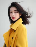 ai generato un' donna nel un' giallo cappotto in posa per un' immagine foto