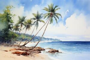 ai generato acquerello pittura di palma alberi, palma albero su il spiaggia con mare. foto