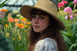 ai generato un' donna indossare cannuccia cappello nel fiore giardino foto