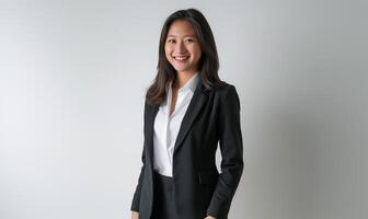 ai generato asiatico attività commerciale donna indossare nero blazer e bianca camicia foto