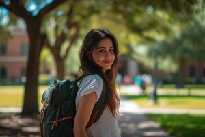 ai generato Università ragazza nel un' casuale ancora elegante attrezzatura con un' zaino lanciato al di sopra di uno spalla foto