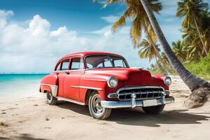 ai generato rosso vecchio auto parcheggiata su un' tropicale spiaggia foto