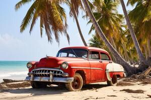 ai generato rosso vecchio auto parcheggiata su un' tropicale spiaggia foto