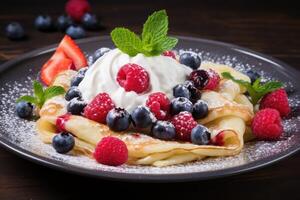 ai generato crepes con fresco frutti di bosco e crema foto