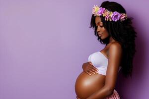 ai generato studio foto ritratto di bellissimo buio pelle africano americano incinta donna su colore sfondo