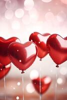 ai generato elegante rosso metallico San Valentino cuore palloncini su un' pianura bianca grafico sfondo san valentino giorno romantico bokeh morbido illuminazione foto